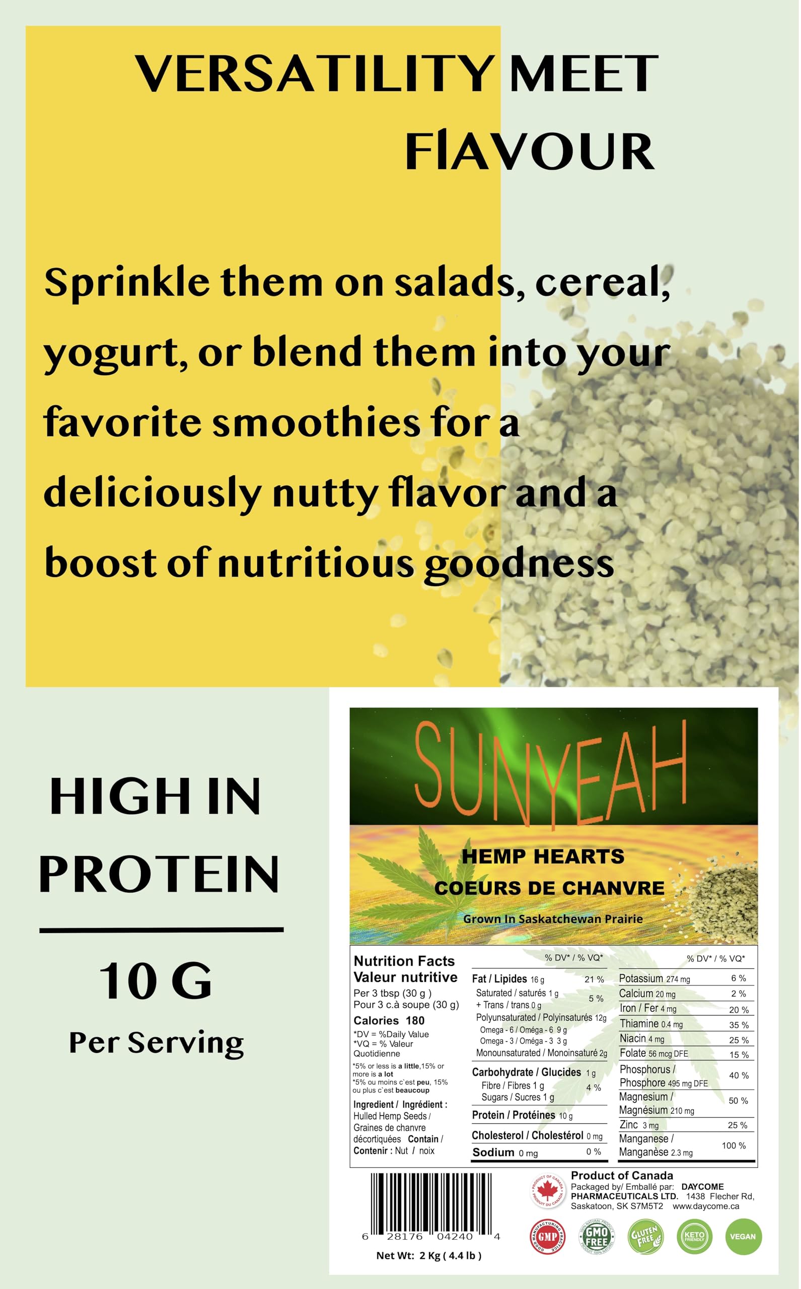 SUNYEAH Hemp Hearts - 2 kg Hulled Hemp Seeds from Saskatchewan, 12g Omega-3 & 6 per Serving, Non-GMO Vegan Keto