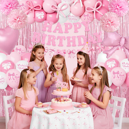 Pink Bow Birthday Decorations, Coquette Party Supplies with Balloons, Fringe Curtain, Birthday Sash, Pink Hair Bow, Tablecloth, Banner, Paper Pompoms, Cake Topper for Women Girls Bday Party Decor 🍁 All In One Marketplace Canada