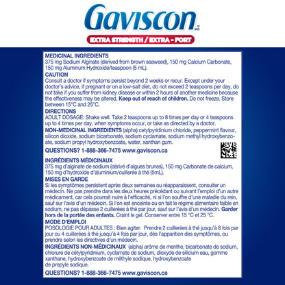Gaviscon Liquid Extra Strength Antacid - 600 ml - Antacid Liquid for Day and Night Heartburn Relief, Acid Reflux and GERD Relief, Icy Mint- Free of Aluminum, Lactose and Gluten Gaviscon
