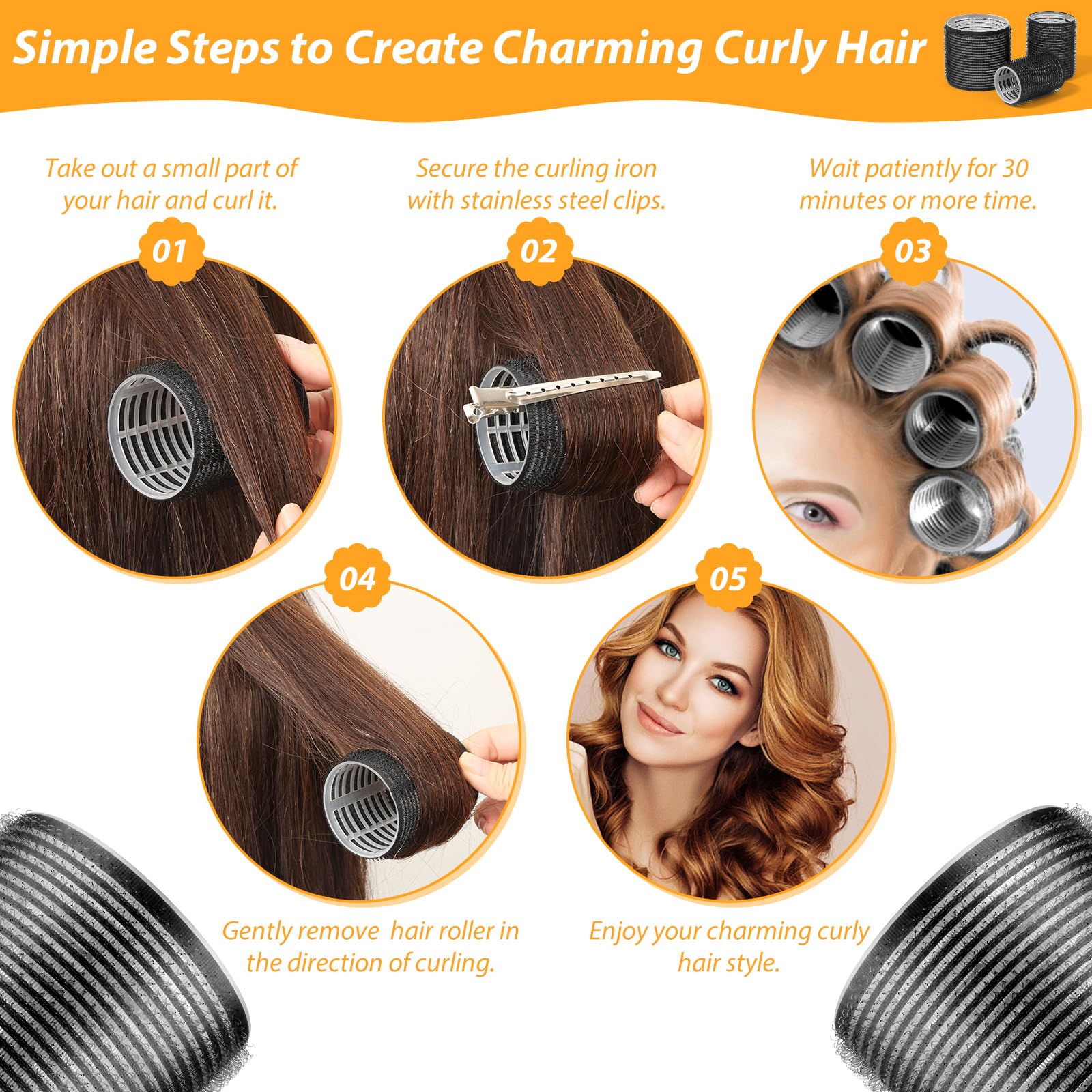39PCS Self Grip Hair Rollers Curlers 3 Sizes Black Hair Roller 2.5in, 1.9in, 1.4in, Jumbo Hair Roller with 12PCS Duckbill Clips Hair Rollers for Long Medium Short Thick Fine Volume Bangs Hair - Available at All In One Marketplace Canada
