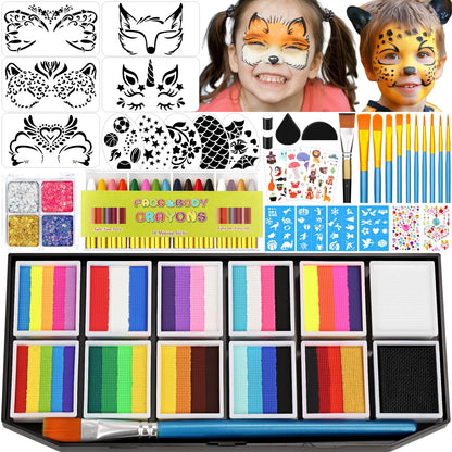 Face Painting Kit for Kid Adult, 12x10gm Split Cake FacePaint Palette WaterBased Paint With Stencil Brush Glitter Crayon, Professional Face Body Paint Set for Party Birthday Halloween Christmas Makeup 🍁 All In One Marketplace Canada