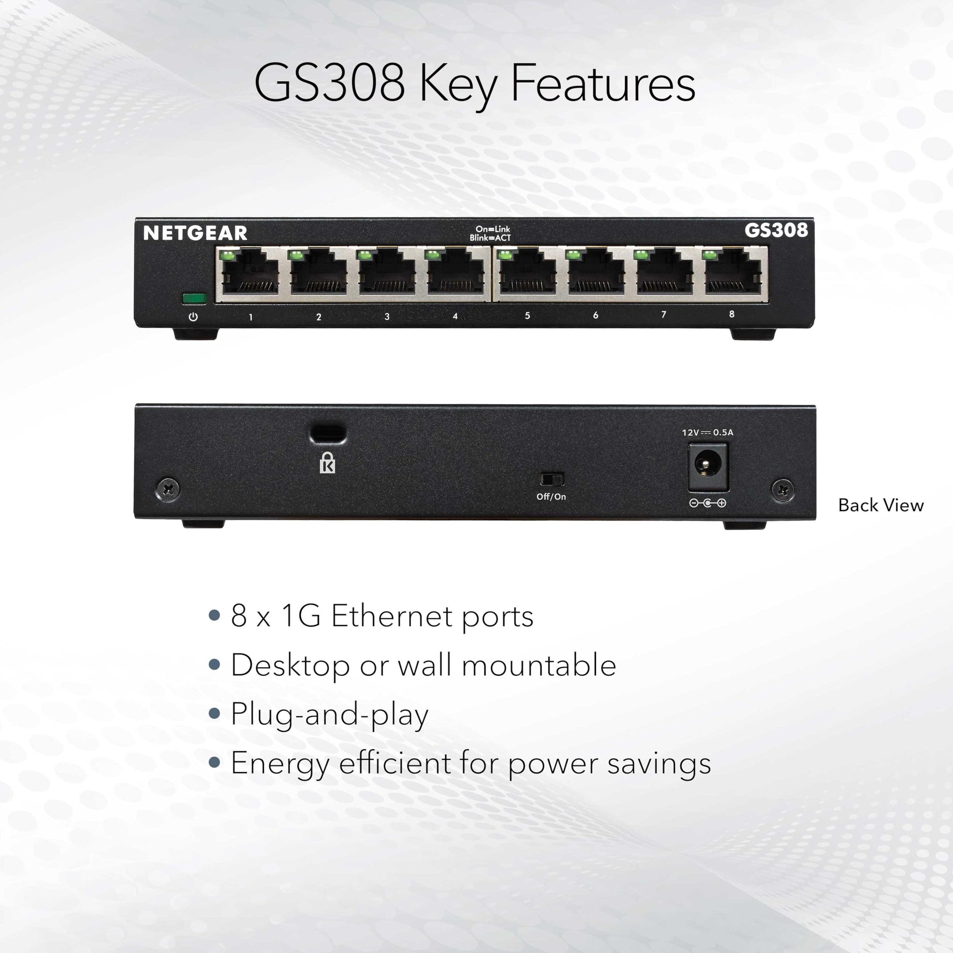 NETGEAR 8-Port Gigabit Ethernet Unmanaged Switch (GS308) Home Network Hub, Office Ethernet Splitter, Plug-and-Play, Desktop or Wall Mount, Black NETGEAR