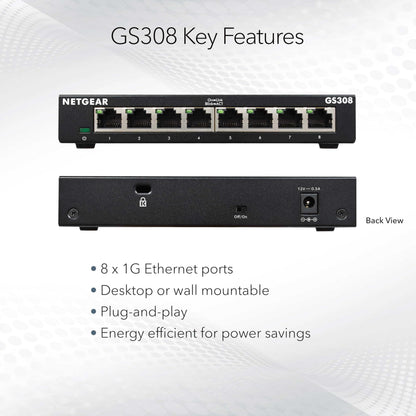 NETGEAR 8-Port Gigabit Ethernet Unmanaged Switch (GS308) Home Network Hub, Office Ethernet Splitter, Plug-and-Play, Desktop or Wall Mount, Black NETGEAR