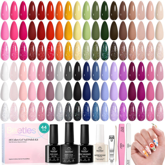 beetles 44pcs Gel Nail Polish Set - 36 Colors Colorful Muse Gel Polish Kit Pink Nude Red Yellow Green Black White Glitter Nail Kit Base Top Coat UV LED Needed Salon DIY Home Gift for Women