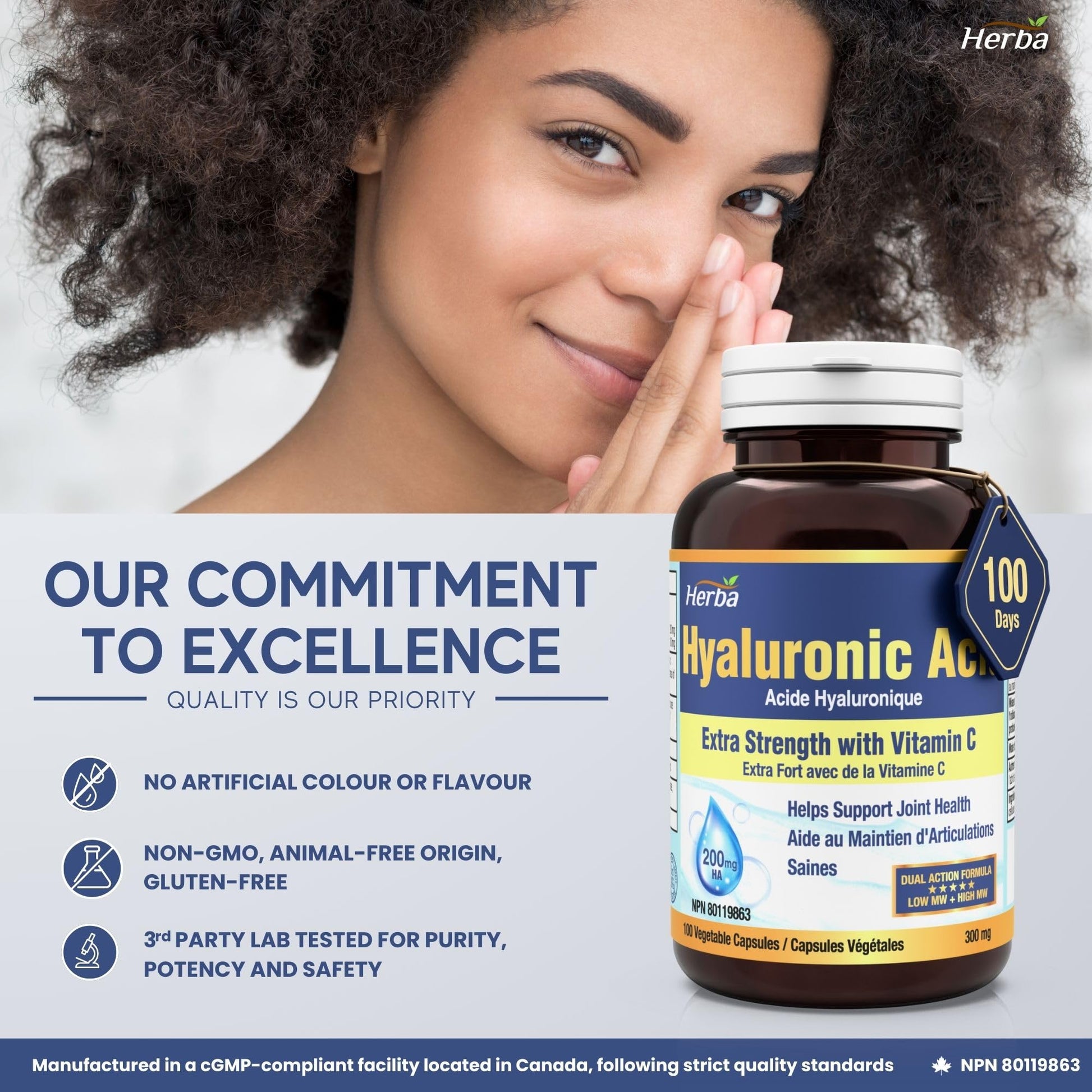 Herba Hyaluronic Acid Supplement 200mg - 100 Capsules | 100% Purity Hyaluronic Acid Capsules with Vitamin C to Support Joint and Bone Health | Made in Canada - Available at All In One Marketplace Canada