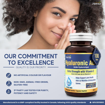 Herba Hyaluronic Acid Supplement 200mg - 100 Capsules | 100% Purity Hyaluronic Acid Capsules with Vitamin C to Support Joint and Bone Health | Made in Canada - Available at All In One Marketplace Canada