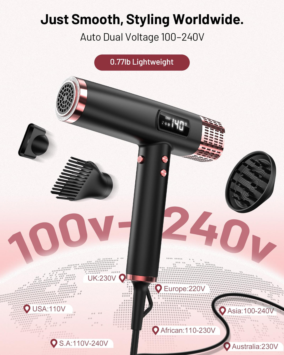 MESCOMB Dual Voltage Ionic Hair Dryer - 1875W Blow Dryer with Diffuser for Fast Drying, No Heat Damage, No Frizz, Low Noise | Lightweight | Compact, Travel Hair Dryer for Women & Men(100-240V)