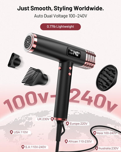 MESCOMB Dual Voltage Ionic Hair Dryer - 1875W Blow Dryer with Diffuser for Fast Drying, No Heat Damage, No Frizz, Low Noise | Lightweight | Compact, Travel Hair Dryer for Women & Men(100-240V)