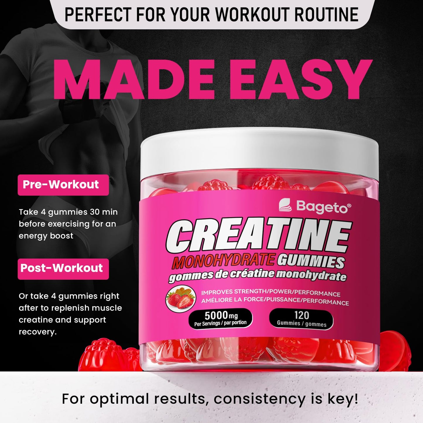 Creatine Monohydrate Gummies 5000mg for Men & Women, Gomitas de Creatina 5g Creatine Monohydrate, 0g Sugar Creatine Pre-Workout for Muscle Strength, Vegan, 120 Count Strawberry (Pack of 1)