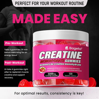 Creatine Monohydrate Gummies 5000mg for Men & Women, Gomitas de Creatina 5g Creatine Monohydrate, 0g Sugar Creatine Pre-Workout for Muscle Strength, Vegan, 120 Count Strawberry (Pack of 1)