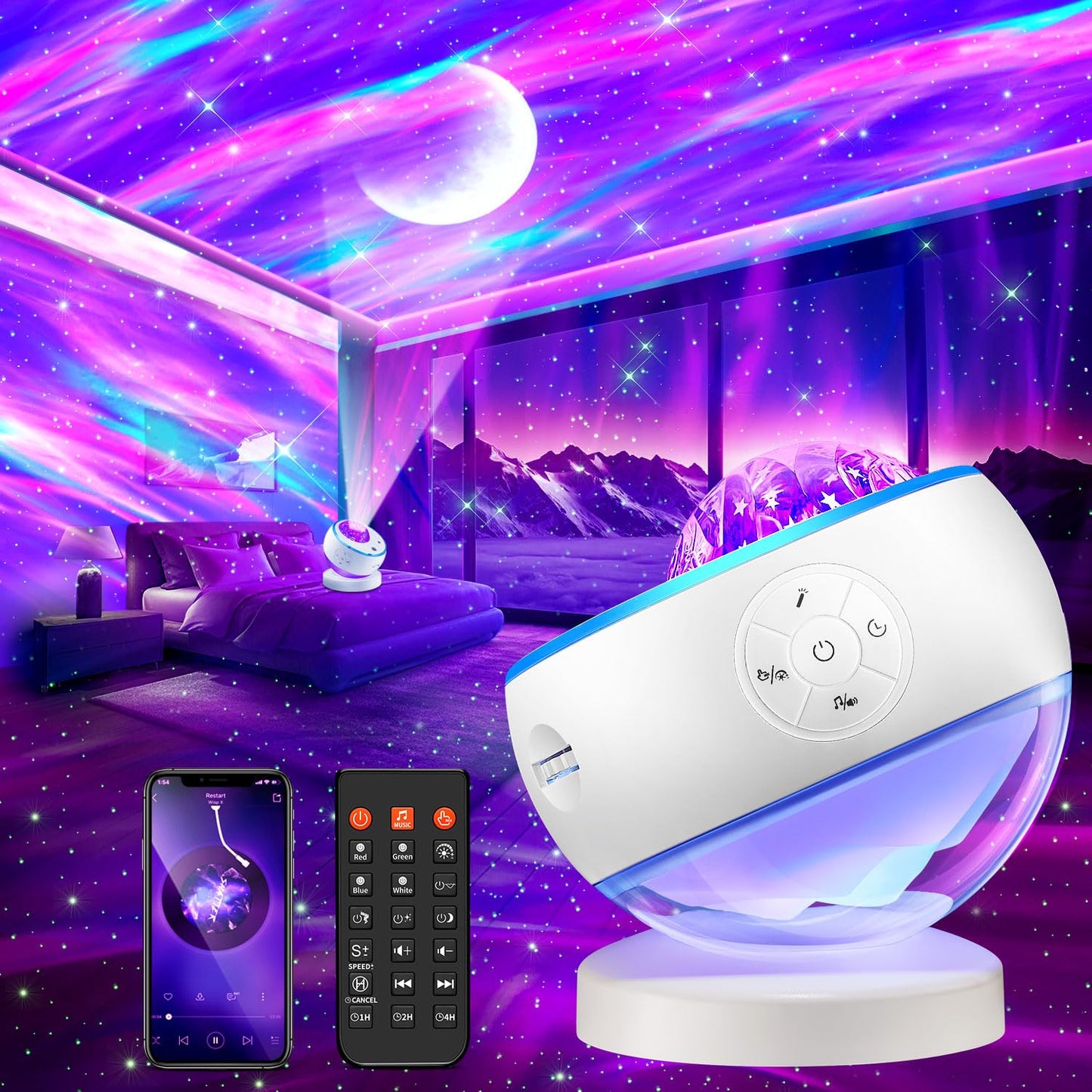 Northern Lights Projector Galaxy Projector with 300+ Light Effects, LED Star Projector for Bedroom Aurora Light, Remote Control, 15 White Noises, Bluetooth Speaker Galaxy Light Gifts for Kids Adults - Available at All In One Marketplace Canada