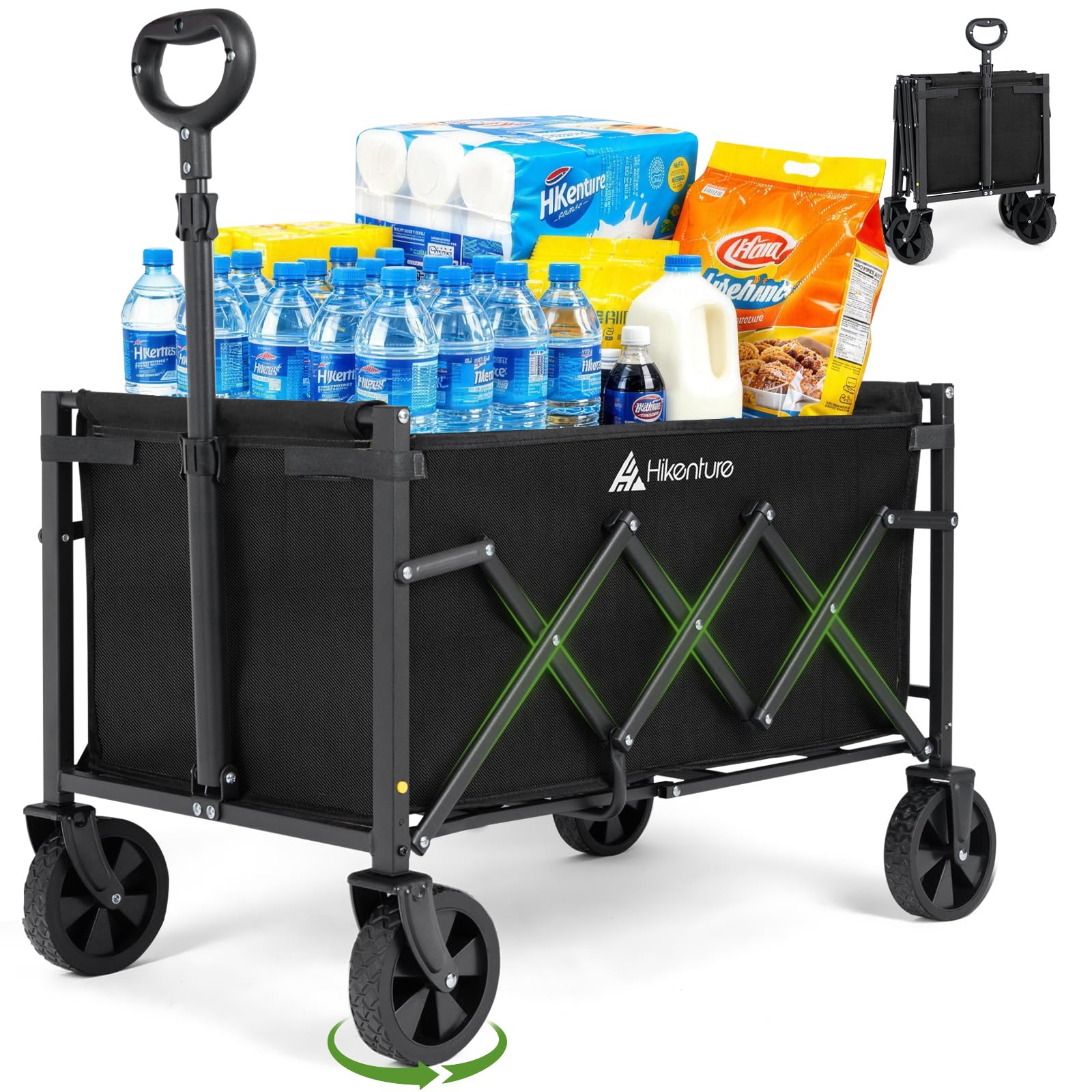Hikenture Wagon Cart Foldable, Ultra-Compact Small Utility Folding Wagon, Heavy Duty Grocery Cart with All-Terrain Wheels, Portable Collapsible Wagon for Garden, Beach, Shopping, Camping, Sports