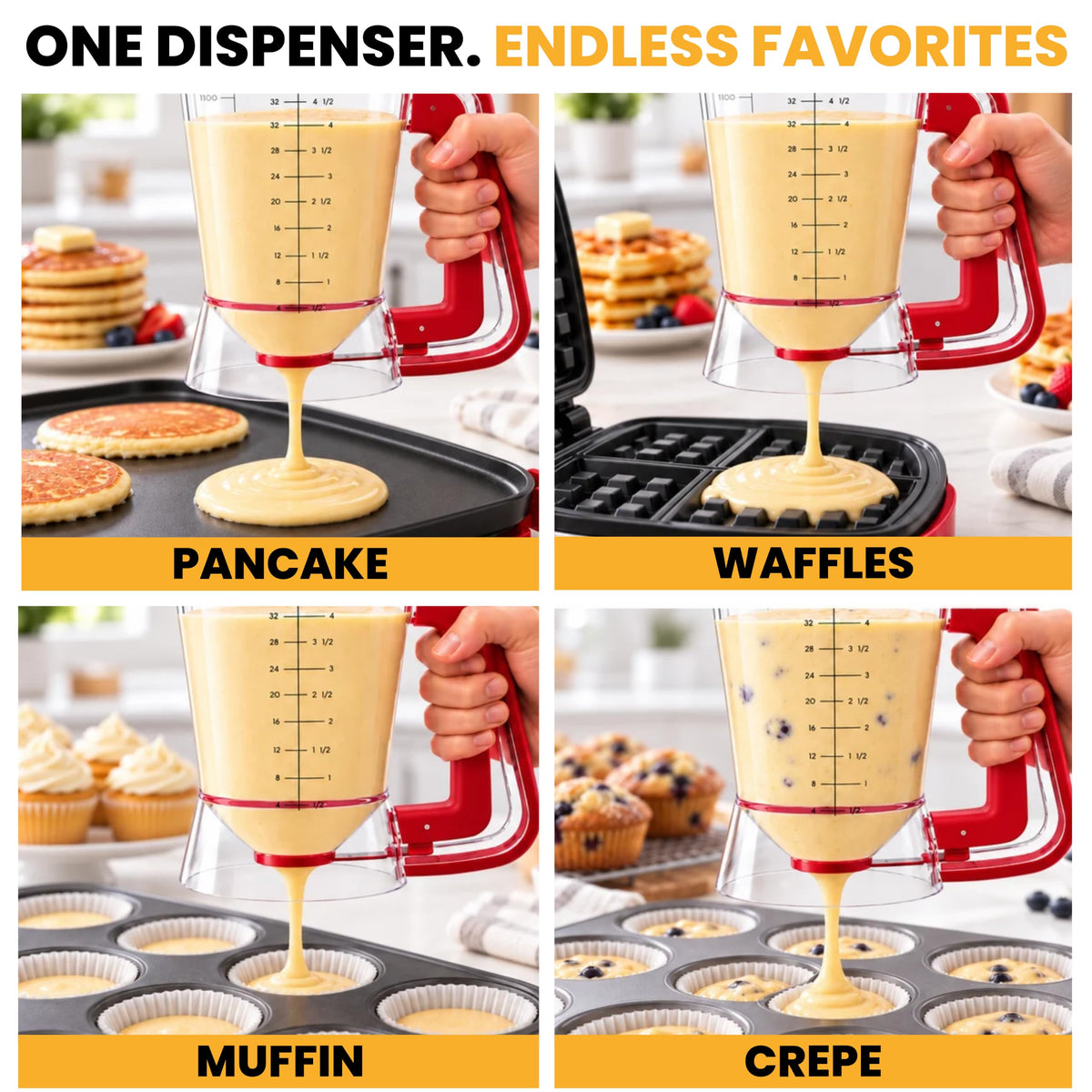 Eggssentials Pancake Dispenser for Batter - Pancake Mix Dispenser Cupcakes, and Muffins – Precision, Mess Free – Cake Mix Dispenser Bottle for Baking & Griddle - Red Color 🍁 All In One Marketplace Canada