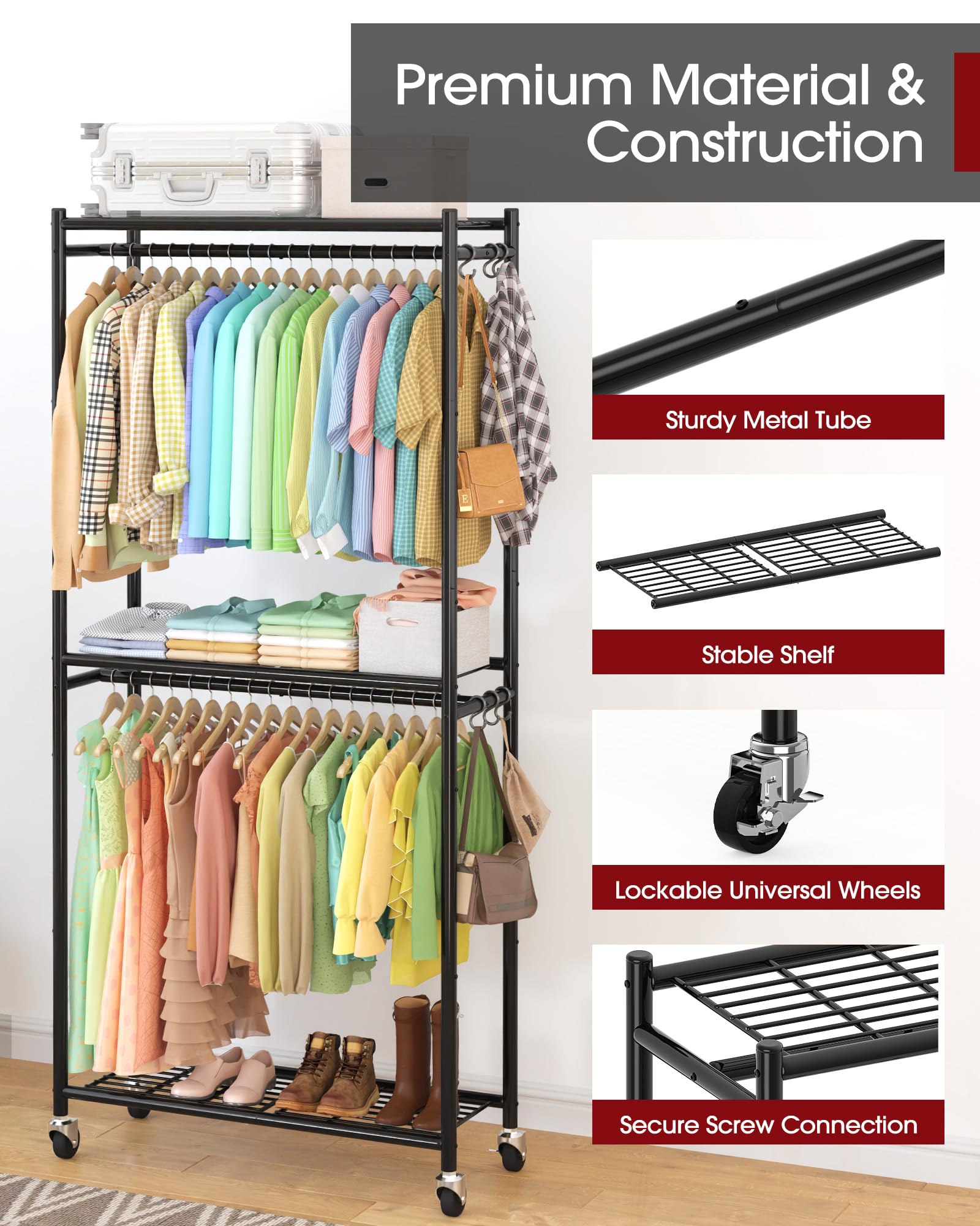 Sakugi Clothing Rack - Coat Rack with Shelves & Wheels, Multi-Functional Clothes Rack with Hooks, Sturdy Metal Garment Shelf for Bedroom, Laundry, Balcony, 84W × 31D × 202H cm, Black - Available at All In One Marketplace Canada