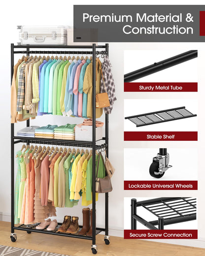 Sakugi Clothing Rack - Coat Rack with Shelves & Wheels, Multi-Functional Clothes Rack with Hooks, Sturdy Metal Garment Shelf for Bedroom, Laundry, Balcony, 84W × 31D × 202H cm, Black - Available at All In One Marketplace Canada