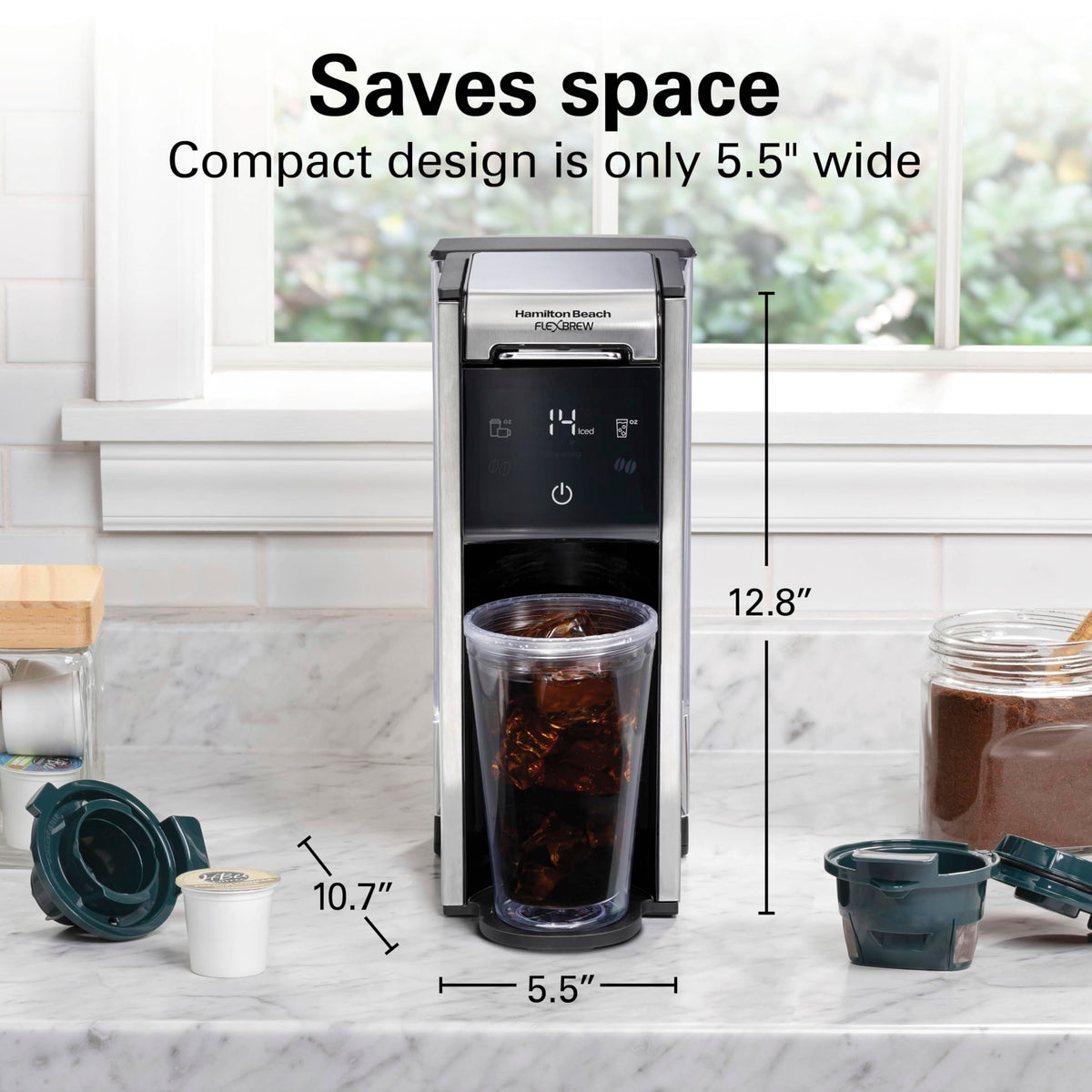 Hamilton Beach FlexBrew Advanced 4-in-1 Coffee Maker, Single Serve Hot & Iced Coffee Maker, K-Cup Pod & Grounds Compatible, 45 oz Removable Reservoir, Black (49925)