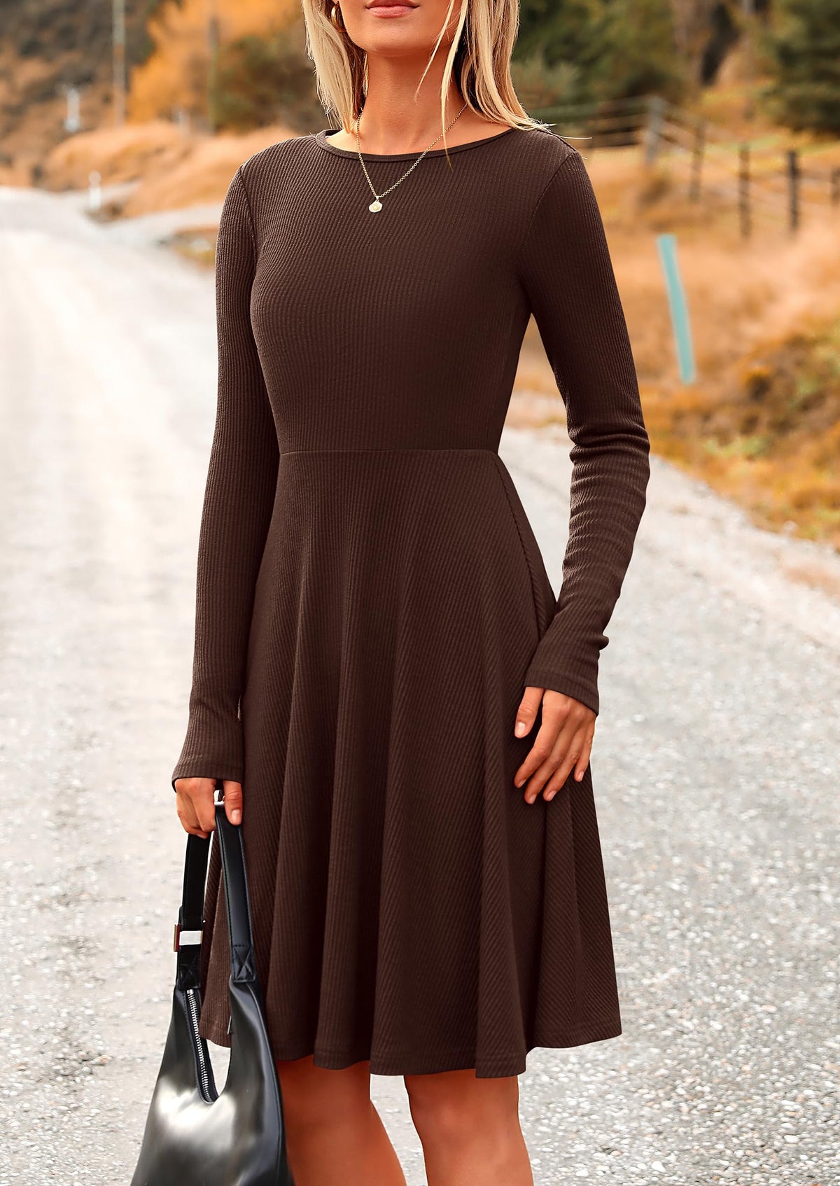 PRETTYGARDEN Women's Fall Casual Long Sleeve Short Dress Dark Coffee,M 🍁 All In One Marketplace Canada