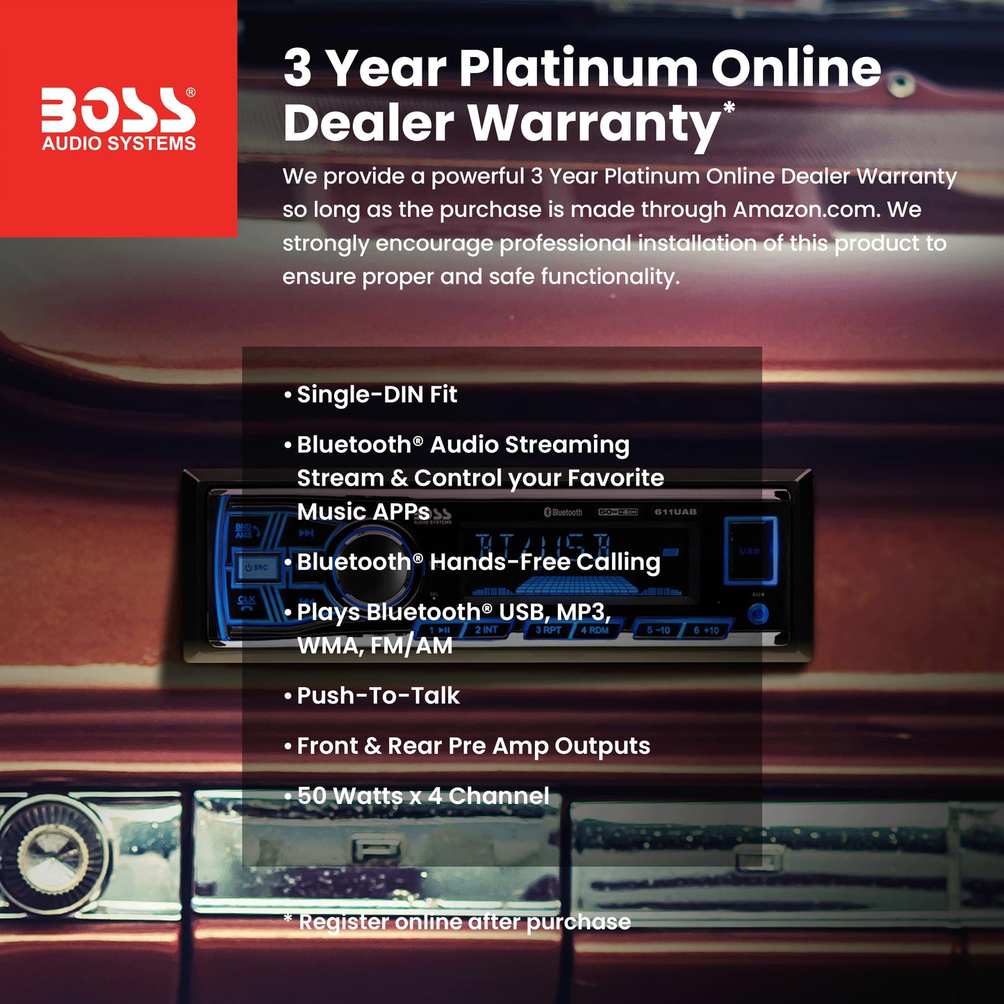 BOSS Audio Systems 611UAB Car Stereo - Single Din, Bluetooth, No CD DVD Player, AM/FM Radio Receiver, Aux Input, USB - Available at All In One Marketplace Canada