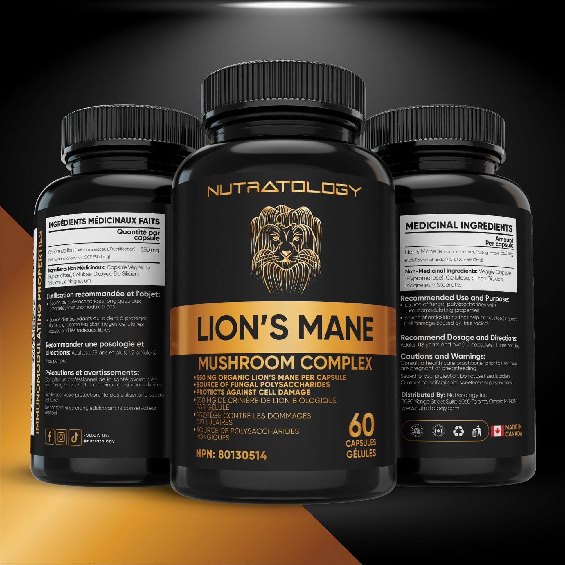 Nutratology® Organic Lion's Mane Mushroom Capasules - Nootropic Functional Mushroom Supplements Made With 40% Polysaccharides & >20% Beta-Glucan | Supports Memory, Cognition & Brain Health - 60 Count - Available at All In One Marketplace Canada