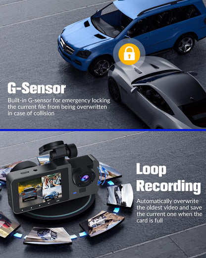 Dash Camera for Cars, 4K Dash Cam Front and Rear, Triple Car Camera with 32GB Card,Built-in IR Night Vision,2.0'' IPS Screen,170°Wide Angle,WDR,HDR,G-Sensor,24H Parking Mode, Loop Recording