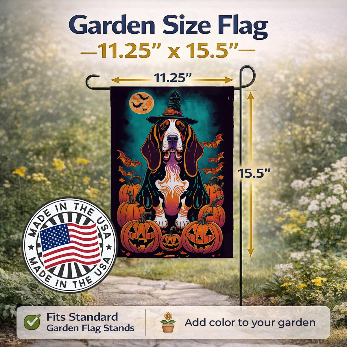 Drapeau de jardin d'Halloween « Witchy » avec un Basset Hound de Caroline's Treasures