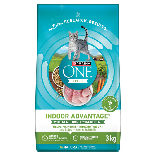 Purina ONE +Plus Dry Cat Food, Indoor Advantage Turkey - 3 kg Bag