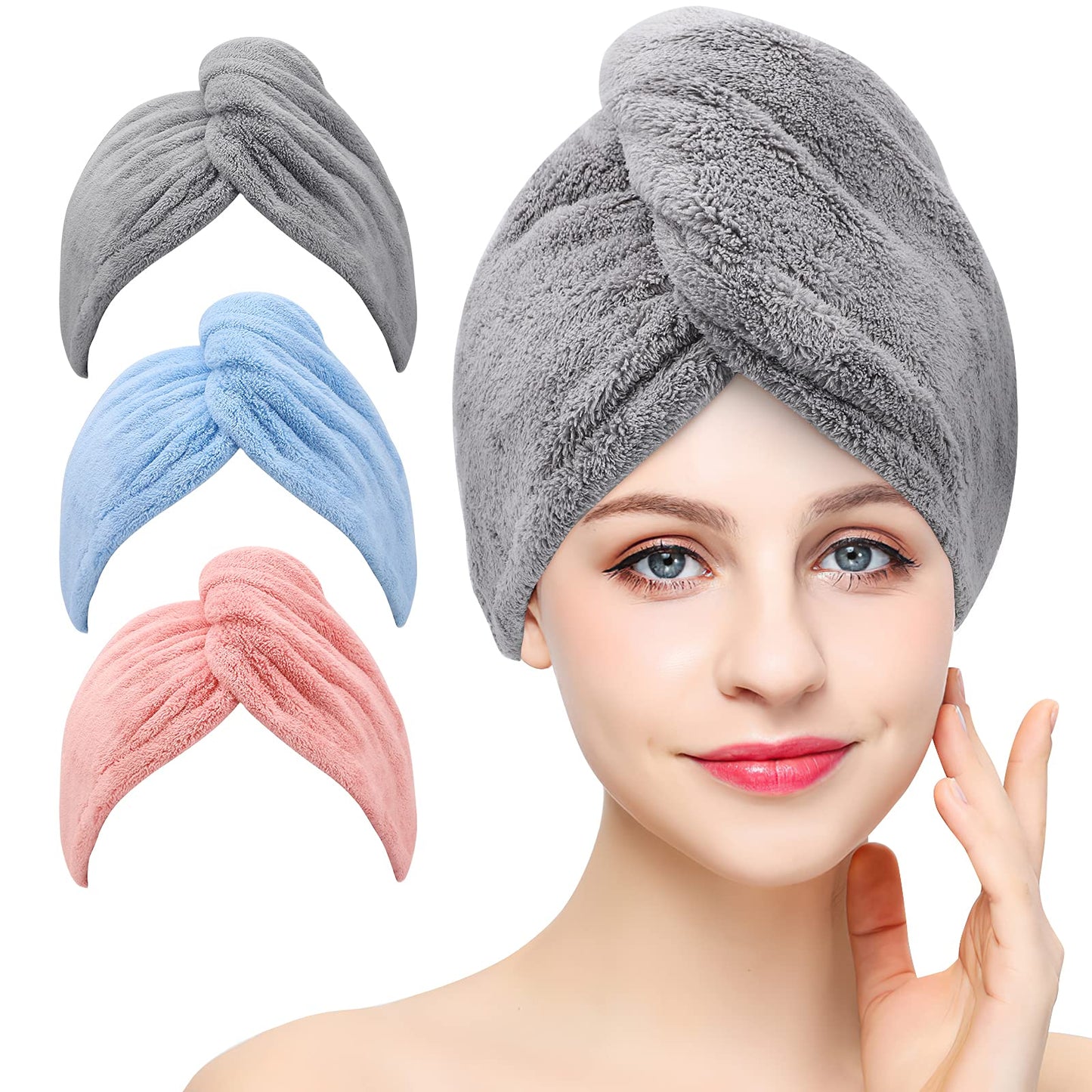 3 Pack Microfiber Hair Towel BEoffer Super Absorbent Hair Wraps for Women Wet Hair, Fast Drying Hair Turban, Hair Caps with Buttons for Drying Curly, Long & Thick Hair Anti Frizz (Gray+Pink+Blue) - Available at All In One Marketplace Canada