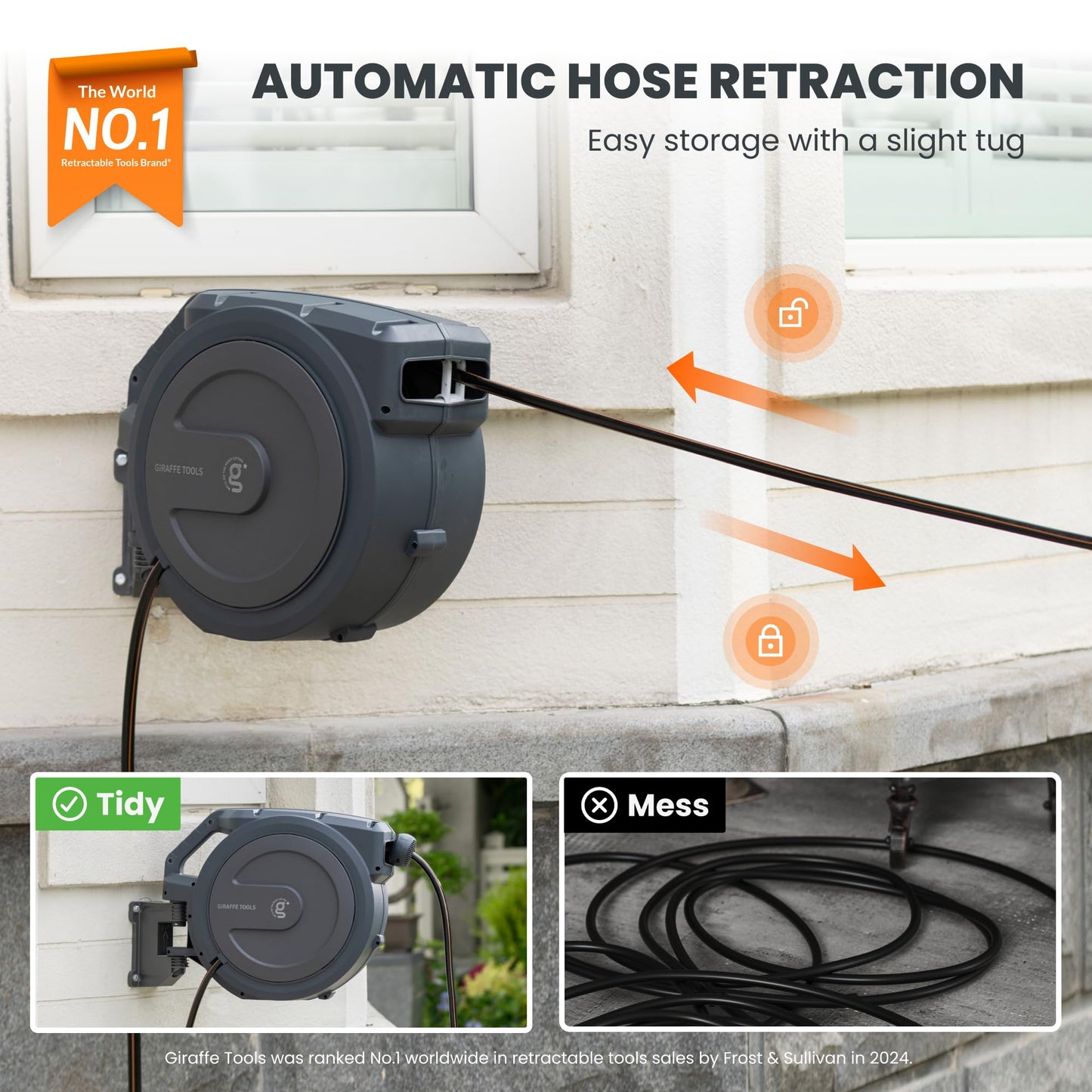 Giraffe Tools Garden Hose Reel Retractable 1/2" x 100 ft Wall Mounted Water Hose Reel Automatic Rewind, Any Length Lock, 100ft, Dark Grey AW30 - Available at All In One Marketplace Canada