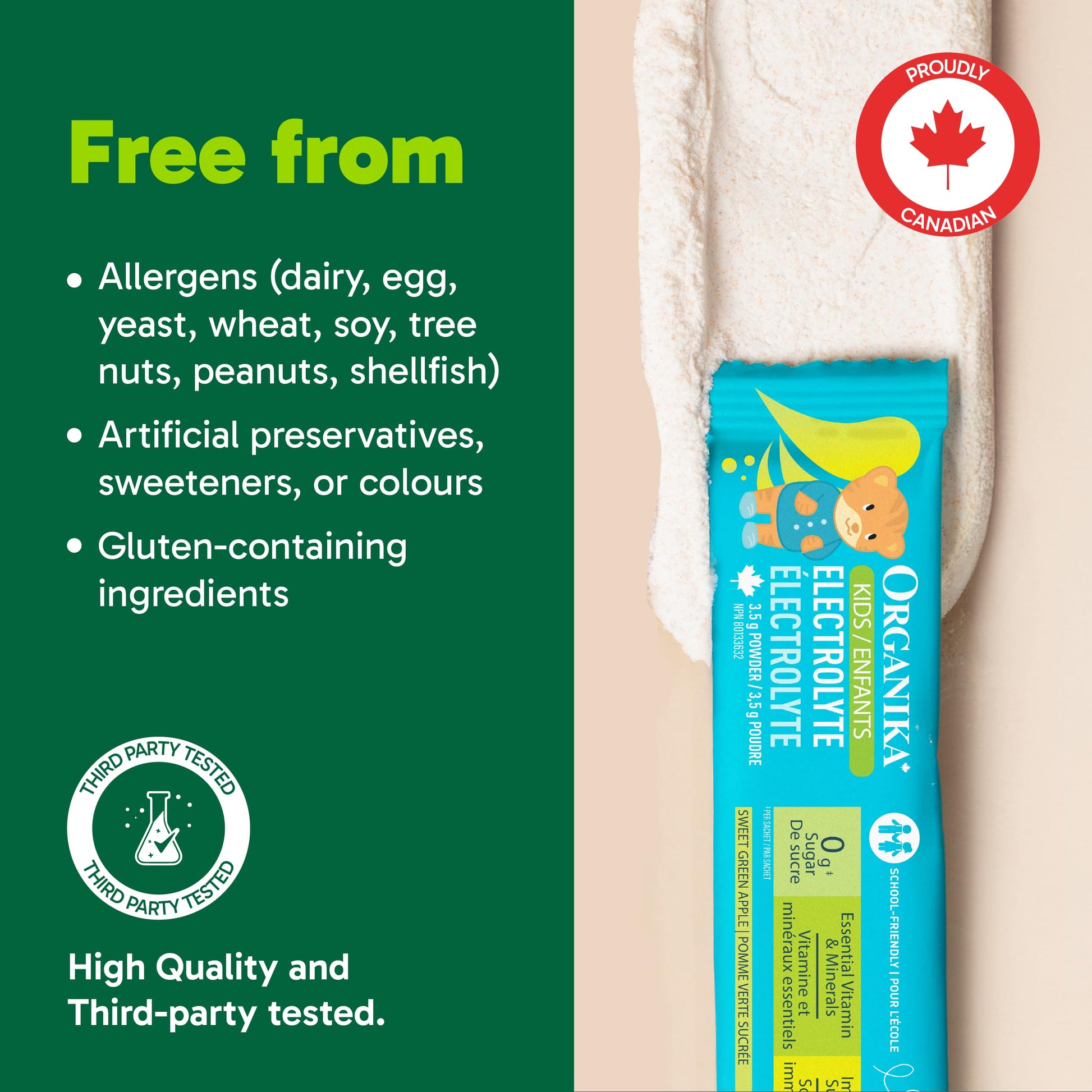 Organika Kids Electrolytes Powder Sticks - Sugar-Free Hydration + Immune support with 100% of daily Vitamin C, Minerals and Prebiotic Fibre | Green Apple Flavour - 3.5g x 20 sachets Organika
