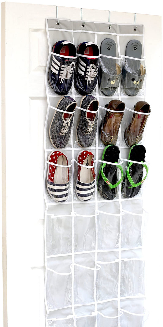 SimpleHouseware Crystal Clear Over The Door Hanging Shoe Organizer, 24 Pockets, Grey (162.6 cm H x 48.6 cm W) - Available at All In One Marketplace Canada