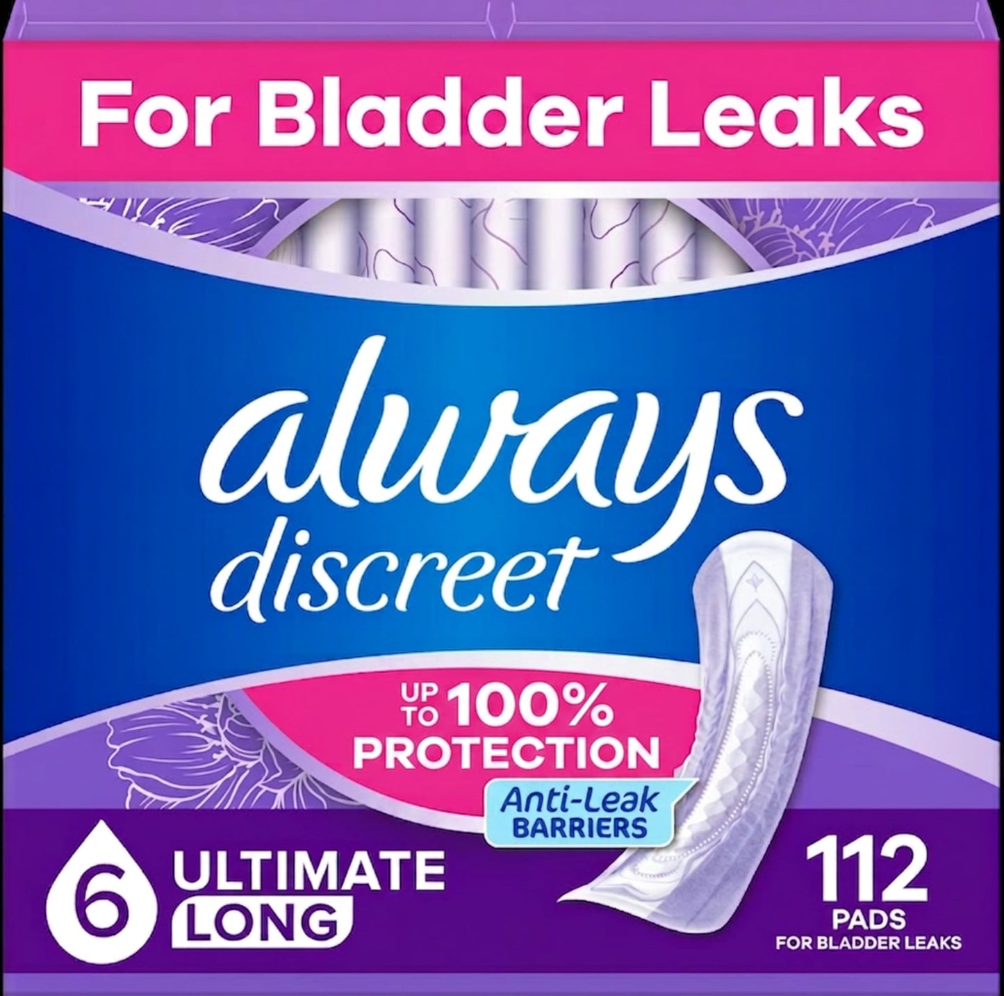 Always Discreet Adult Incontinence Pads for Women, Extra Heavy Absorbency, Long Length, Postpartum Pads, Up to 100% Bladder Leak ProteCountion, 112 Count 🍁 All In One Marketplace Canada