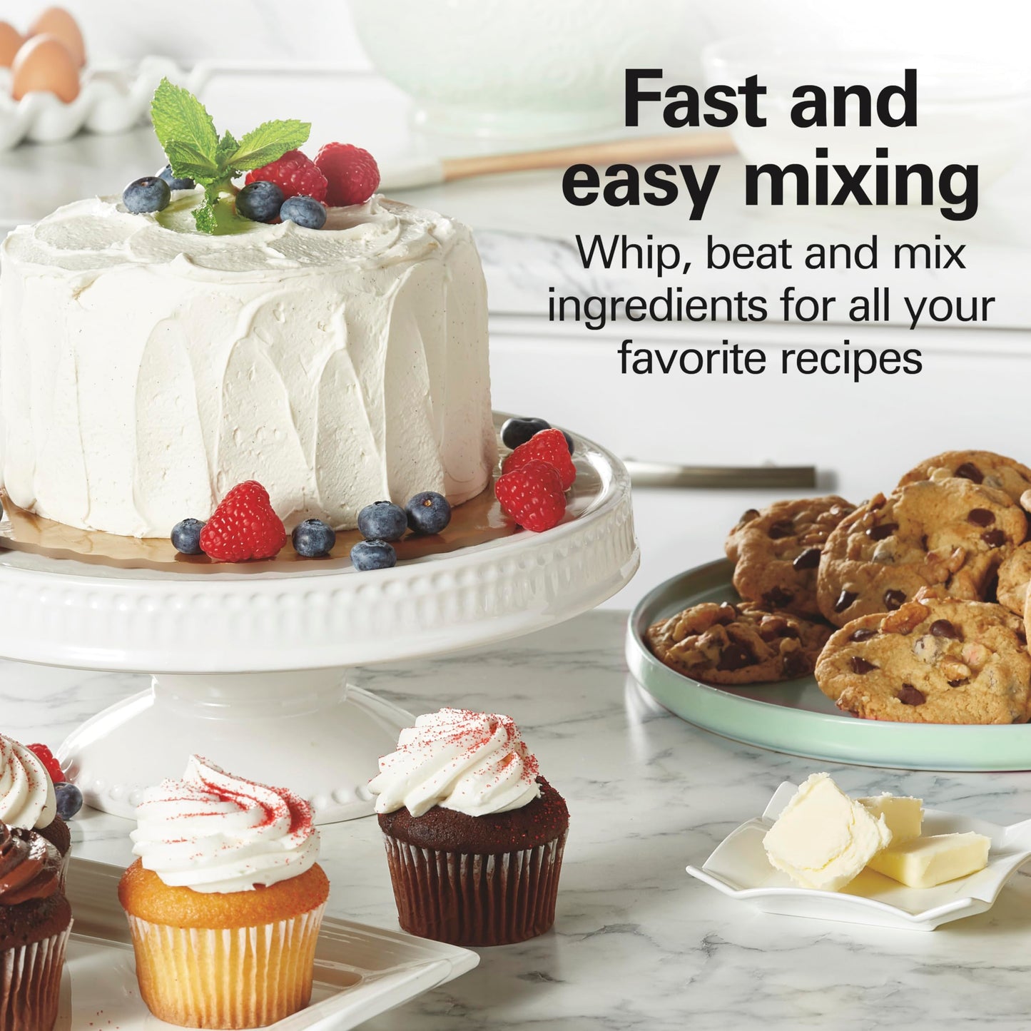 Hamilton Beach 6-Speed Electric Hand Mixer for Baking, 250W, QuickBurst, Snap-On Storage Case, Traditional Beaters & Whisk, White (62682G) - Available at All In One Marketplace Canada