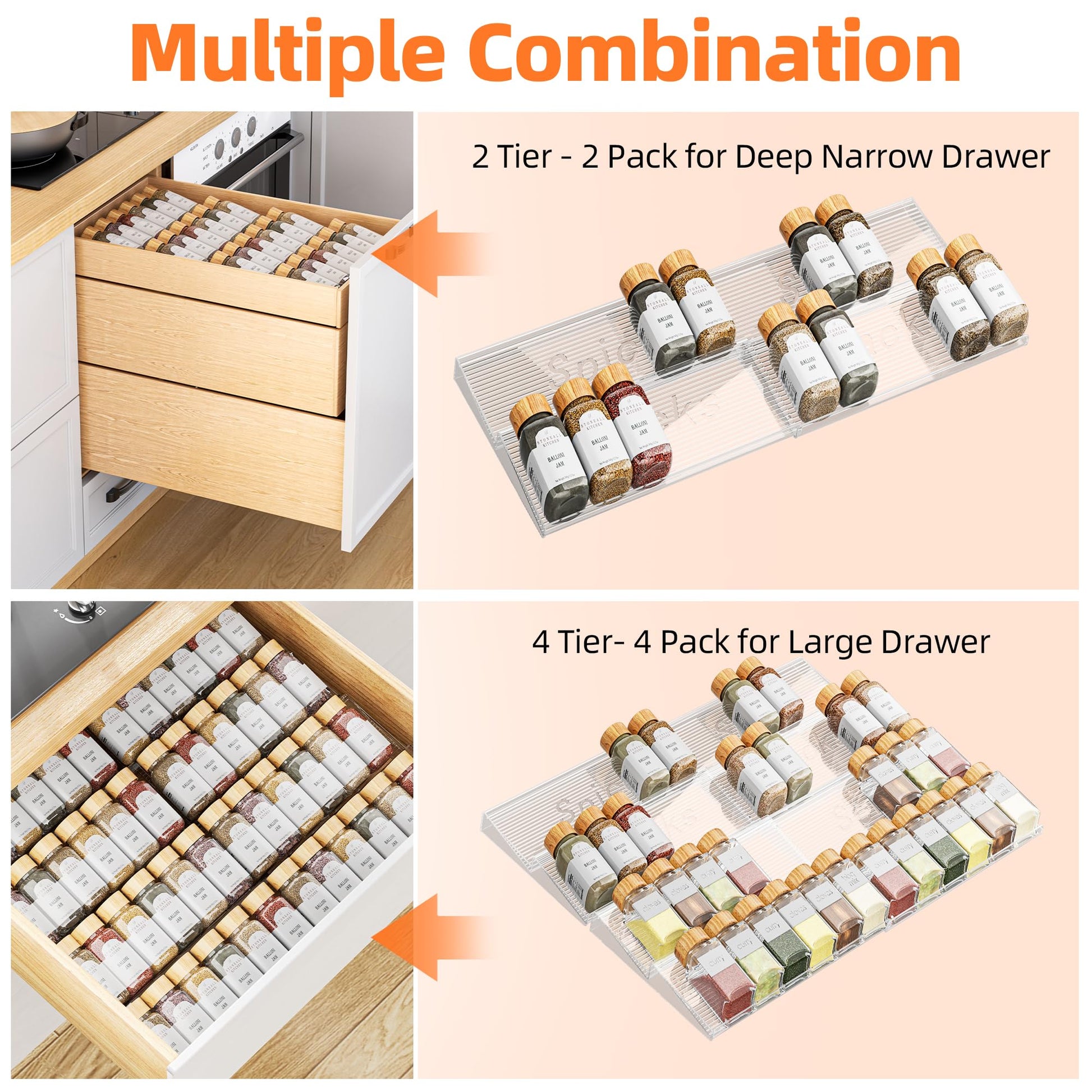 PanPanPal Spice Drawer Organizer, 4 Tier- 4 Pack Clear Acrylic Drawer Seasoning Organizer, Expandable From 11'' to 22'' Kitchen Spice Rack Organizers and Storage for Drawer (Jars not included) - Available at All In One Marketplace Canada