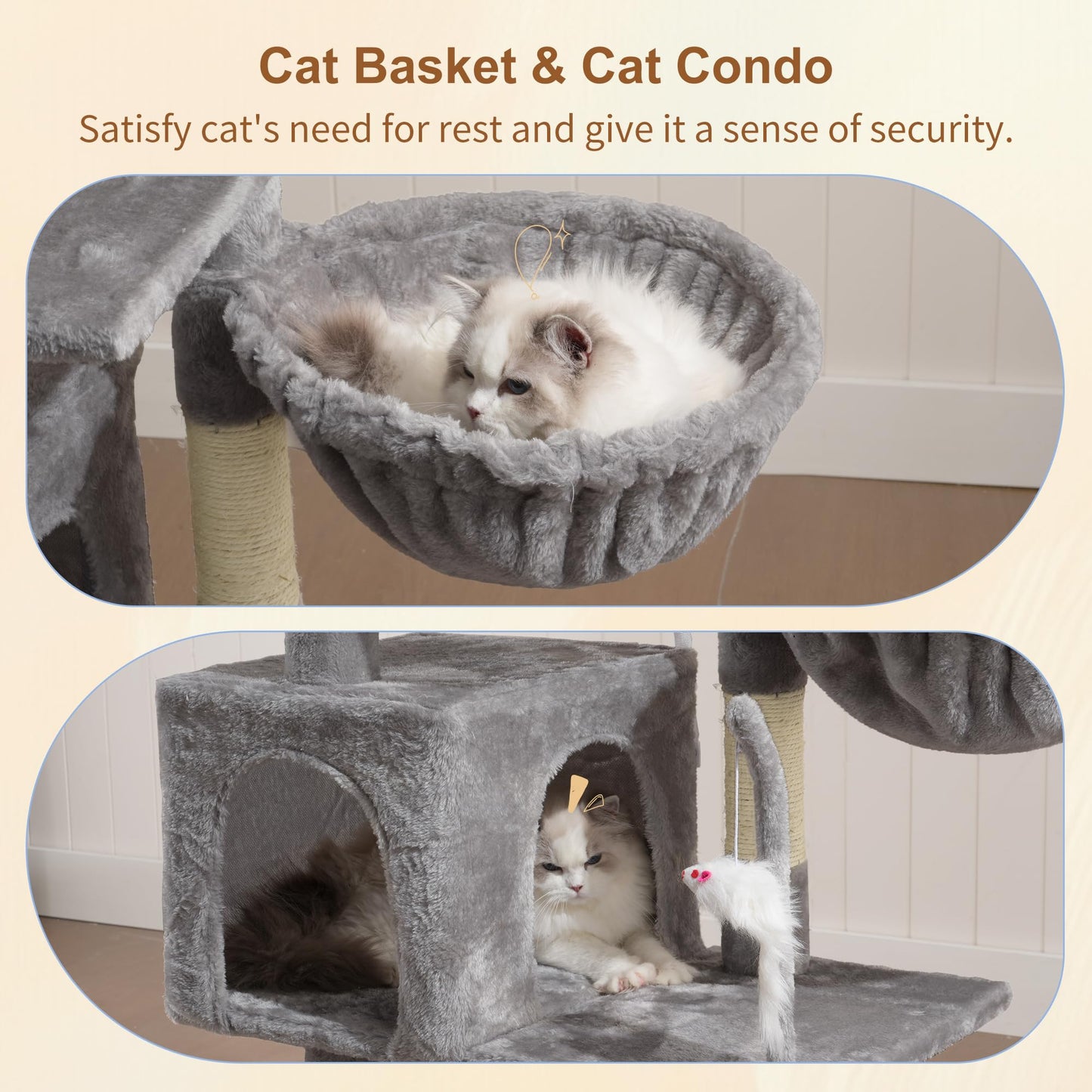 Heybly Cat Tree with Toy, Cat Tower condo for Indoor Cats, Cat House with Padded Plush Perch, Cozy Hammock and Sisal Scratching Posts, Light Gray S HCT004SW