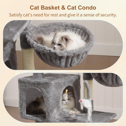 Heybly Cat Tree with Toy, Cat Tower condo for Indoor Cats, Cat House with Padded Plush Perch, Cozy Hammock and Sisal Scratching Posts, Light Gray S HCT004SW