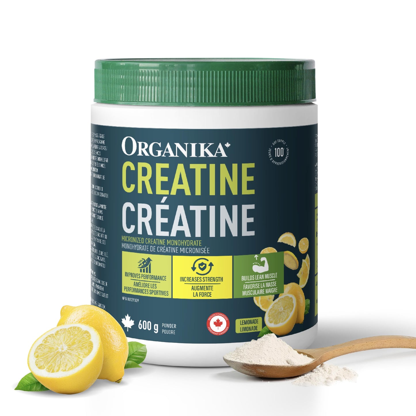 Organika Canadian-Made Creatine Powder- Lemonade- Pure Micronized Creatine Monohydrate - Helps Build Lean Muscle, Increase Strength, and Improved Recovery and Performance for Men and Women - 600g