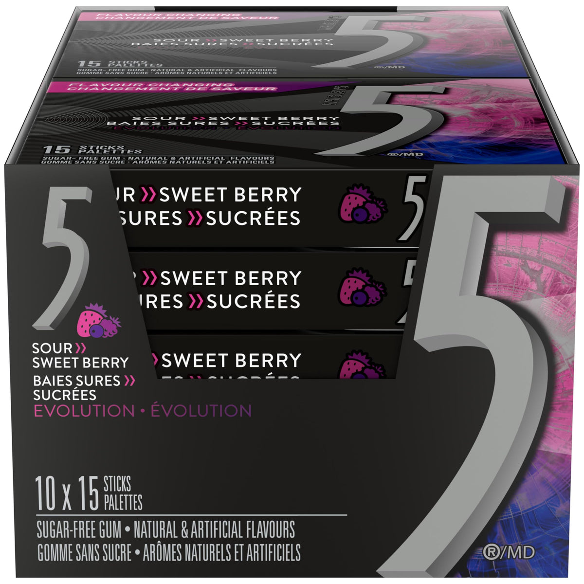 5 GUM Evolution Sour to Sweet Berry Flavour Changing Sugar-Free Chewing Gum, Fresh Breath Gum for On-the-Go & Sharing, 15-Sticks, 10 Packs