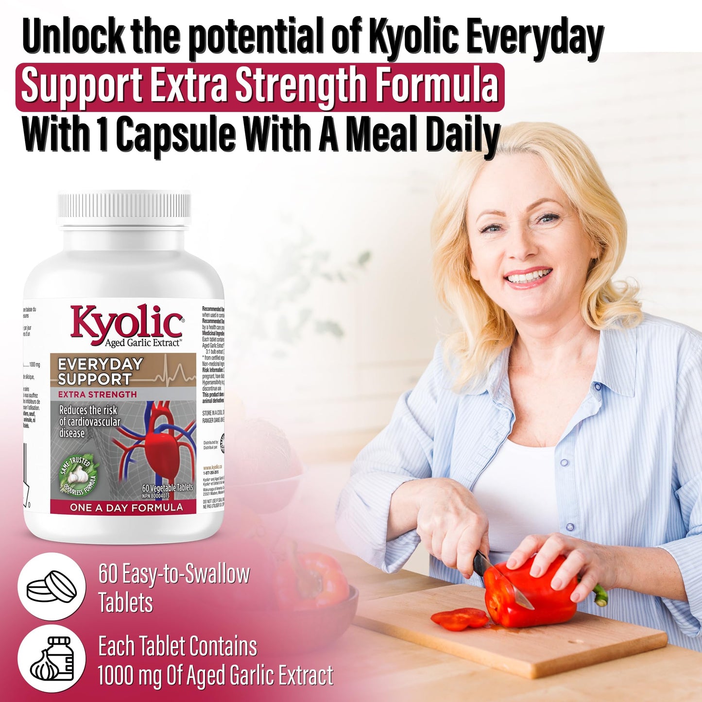 Kyolic - Odourless Aged Garlic Extract Everyday Support Extra Strength One-A-Day 1000mg, 60 Veg Tablets 60-Day Supply - Kyolic Garlic Supplements, Garlic Pills - Herbal Supplement for Wellness Support - Available at All In One Marketplace Canada