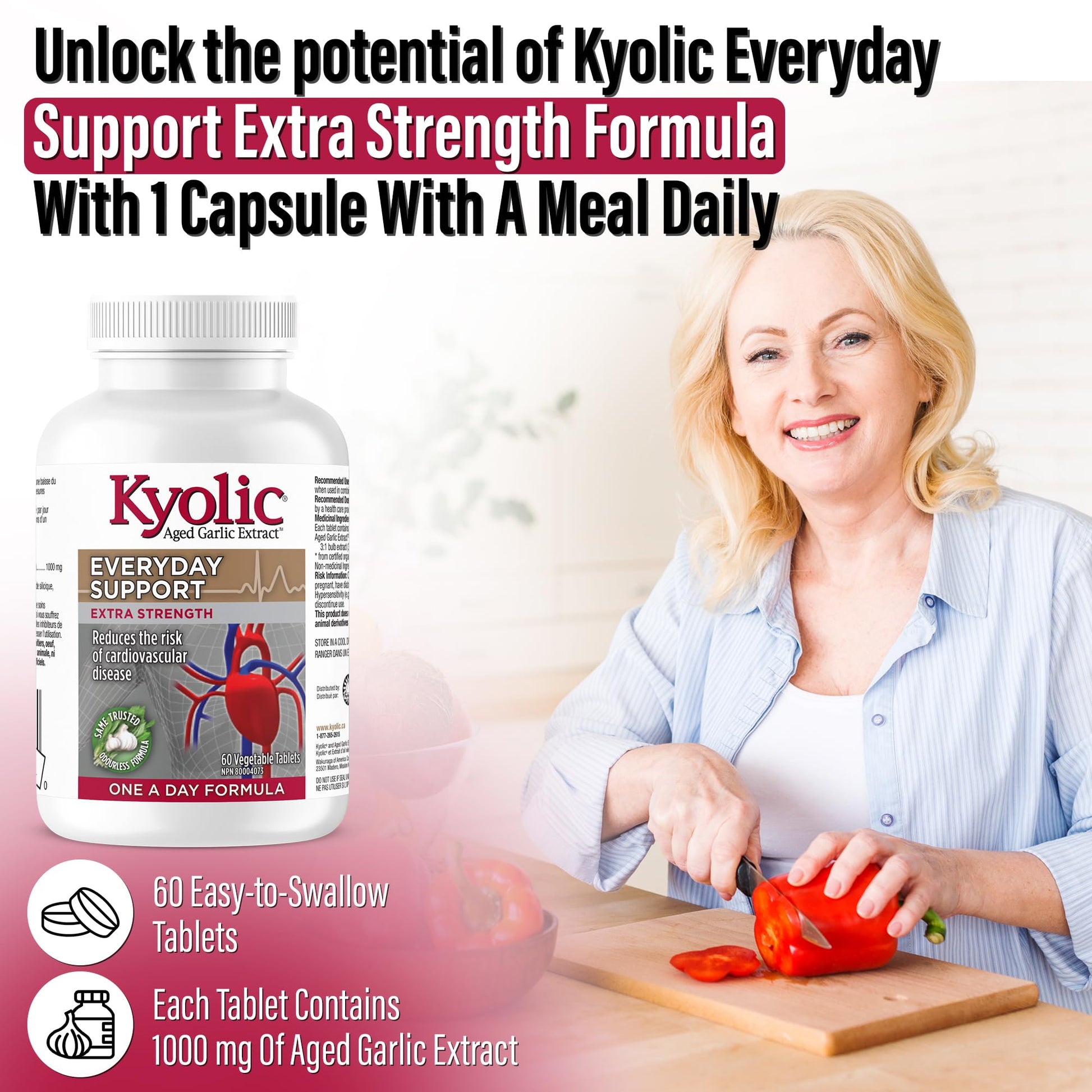 Kyolic - Odourless Aged Garlic Extract Everyday Support Extra Strength One-A-Day 1000mg, 60 Veg Tablets 60-Day Supply - Kyolic Garlic Supplements, Garlic Pills - Herbal Supplement for Wellness Support - Available at All In One Marketplace Canada