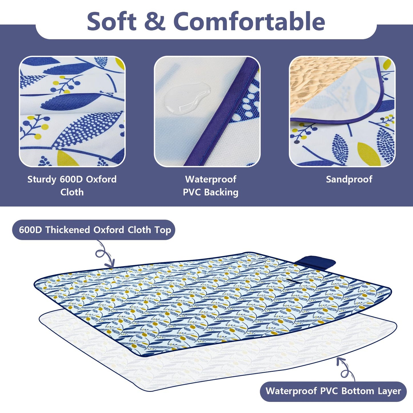Habaylin Picnic Blanket Large, 79"X79" Waterproof Extra Large Beach Blanket, Foldable Picnic Blanket for Hiking, Party, Camping on Grass Sandproof Handy Picnic Mat - Available at All In One Marketplace Canada