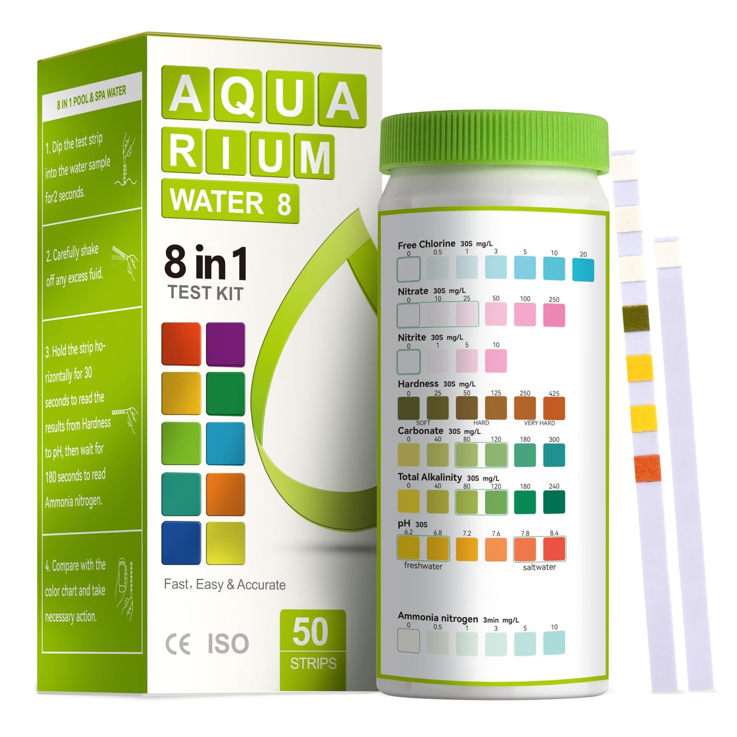 AAwipes Aquarium Ammonia Test Strips 8-in-1 | 50 Strips | Quick & Accurate Water Testing for Freshwater & Saltwater Tanks -Test pH, Carbonate, Alkalinity, Hardness, Chlorine, Nitrite, etc. (K02-50)