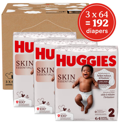 Huggies Size 2 Diapers, Skin Essentials Baby Diapers, Size 2 (12-18 lbs), 192 Count (3 Packs of 64), Packaging May Vary