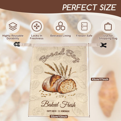 Beeswax Bread Bags for Sourdough, 2 Pack Reusable Bread Bag for Storage XL 17x13 Inch, Large Linen Bags for Homemade Sourdough - Keep Fresh, Freezer Safe - Available at All In One Marketplace Canada