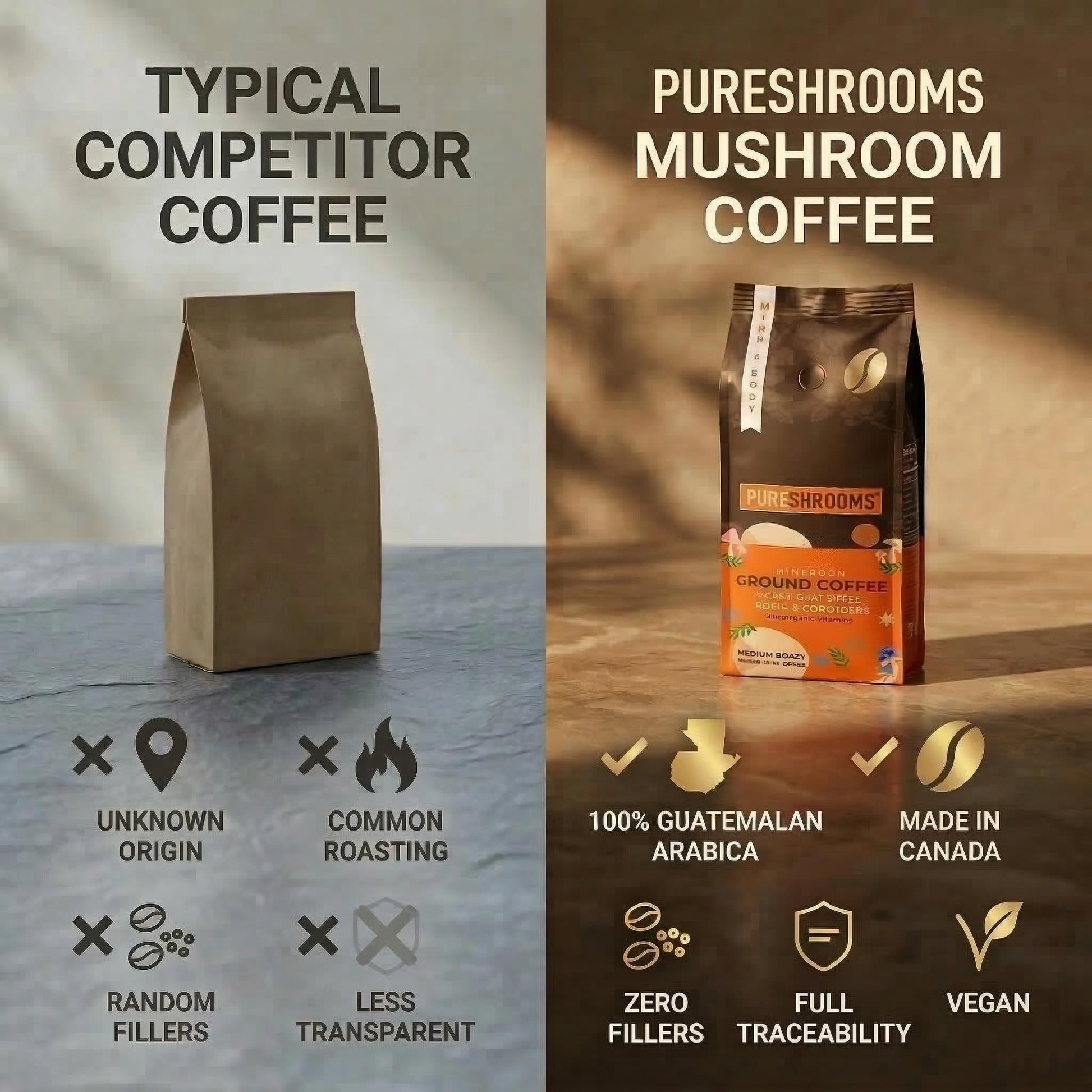 PureShrooms Mushroom Ground Coffee – Medium Roast Arabica with Lion's Mane, Reishi & Cordyceps – 340g