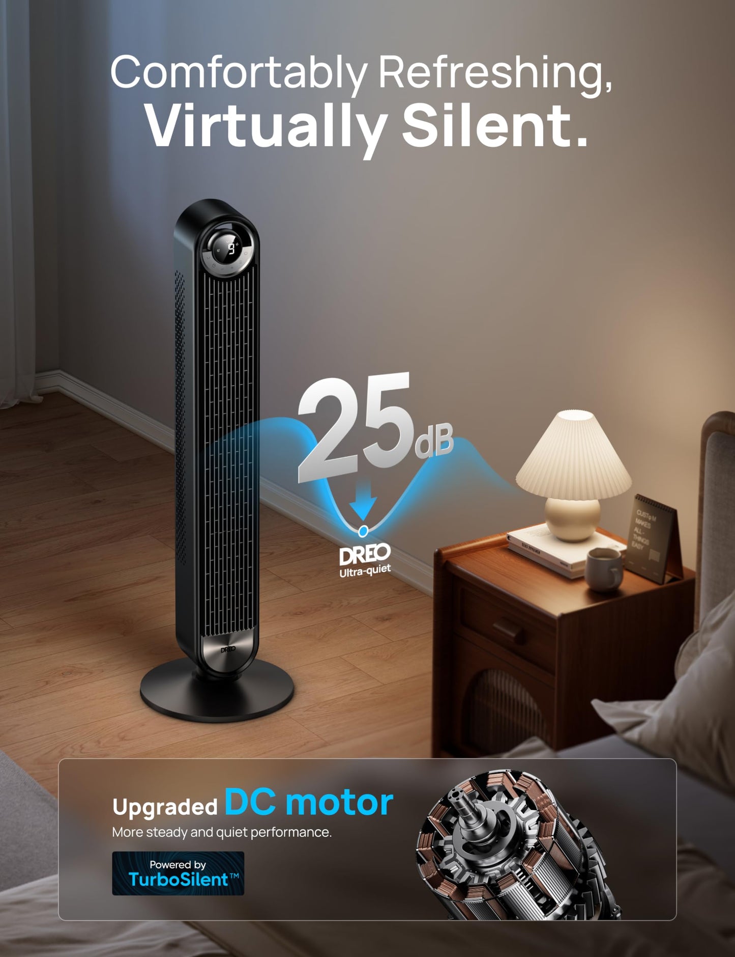 DREO Smart Tower Fan for Bedroom, Upgraded DC 9 Speeds 20dB Ultra-Quiet Floor Fan, 90° Oscillating Fans with 28ft/s Velocity, 12H Timer, Standing Fan, Bladeless Fan Powerful for Home Office Room - Available at All In One Marketplace Canada
