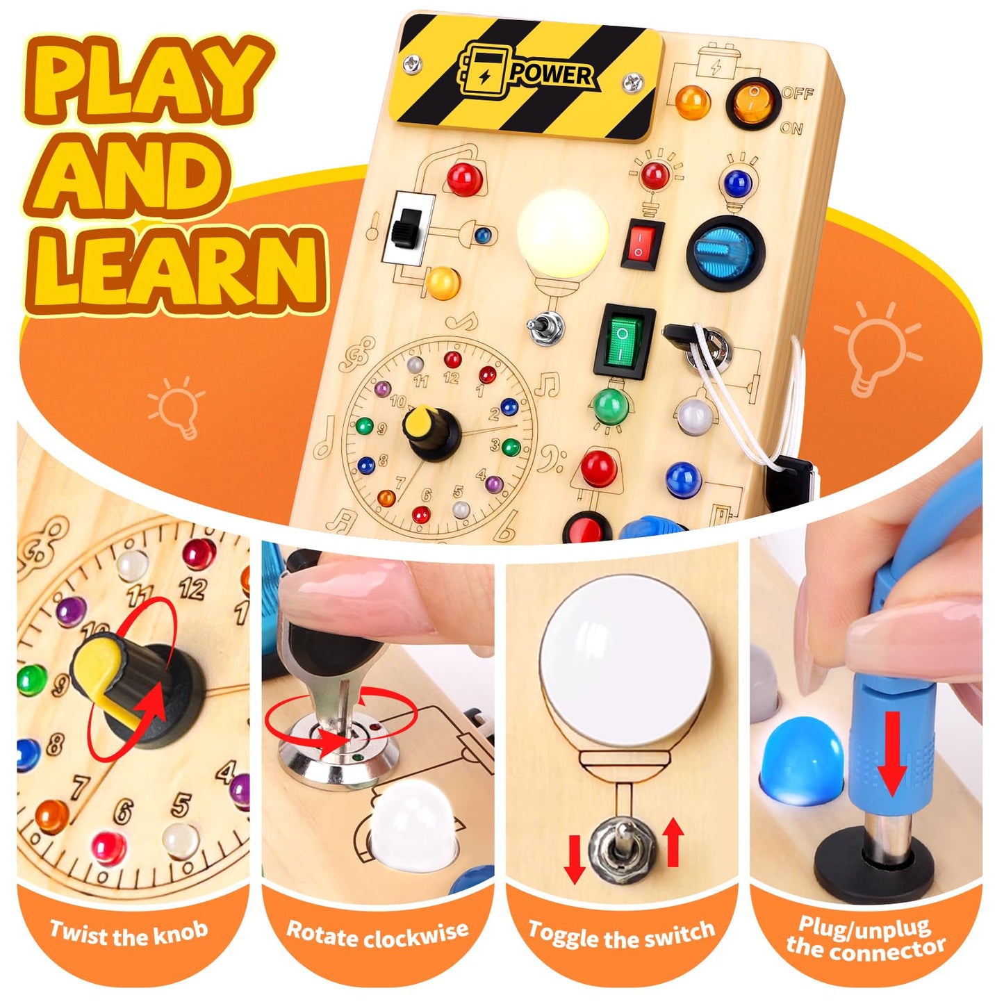 Busy Board Plus Version with 23 LED Lights, Montessori Sensory Fidget Toys for Toddlers 1-3, Wooden Educational Activity for Fine Motor Skills, Quiet Airplane Travel Must Haves for 1 2 3+ Year Old