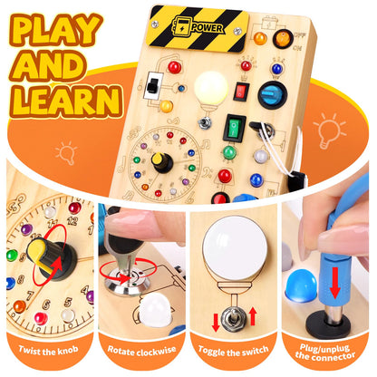 Busy Board Plus Version with 23 LED Lights, Montessori Sensory Fidget Toys for Toddlers 1-3, Wooden Educational Activity for Fine Motor Skills, Quiet Airplane Travel Must Haves for 1 2 3+ Year Old