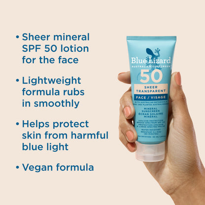 Blue Lizard Sheer Face Mineral SPF 50 Sunscreen Lotion, 100% Mineral Formula, Blue Light Protection, Lightweight, No White Cast, Nourishes and Hydrates, Paraben-Free, Fragrance-Free, 50 ml - Available at All In One Marketplace Canada