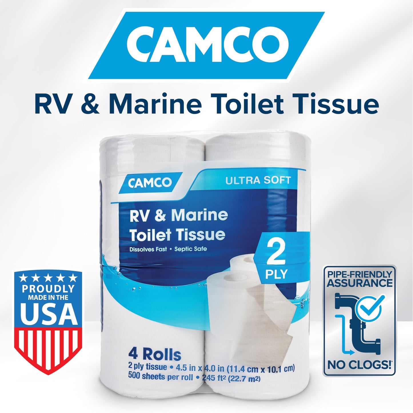 Camco Camper/RV Toilet Paper — 2-Ply — Septic Safe — Dissolves Fast — Dye & Fragrance Free — 16-Rolls (500 Sheets Per Roll) (40282) - Available at All In One Marketplace Canada