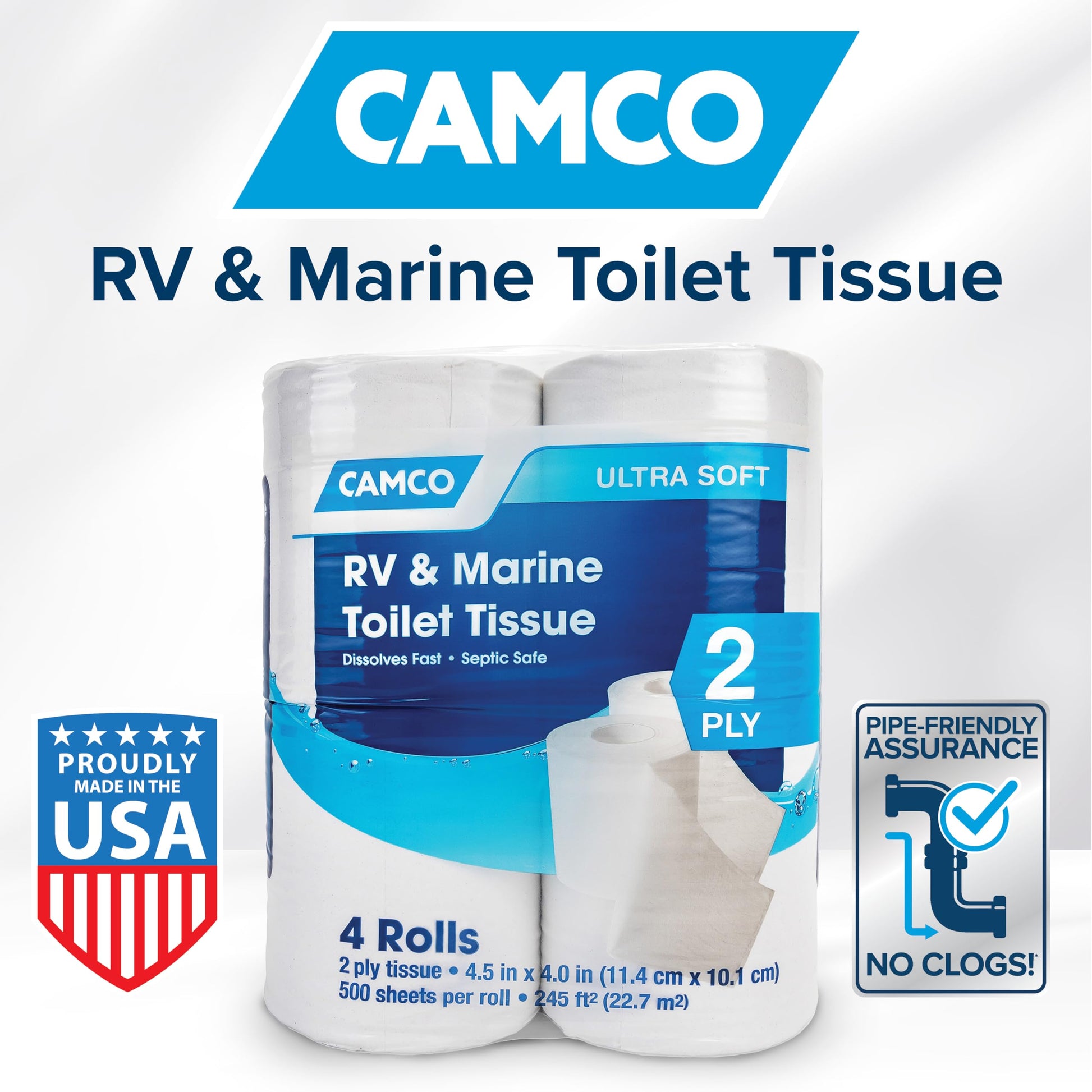 Camco Camper/RV Toilet Paper — 2-Ply — Septic Safe — Dissolves Fast — Dye & Fragrance Free — 16-Rolls (500 Sheets Per Roll) (40282) - Available at All In One Marketplace Canada